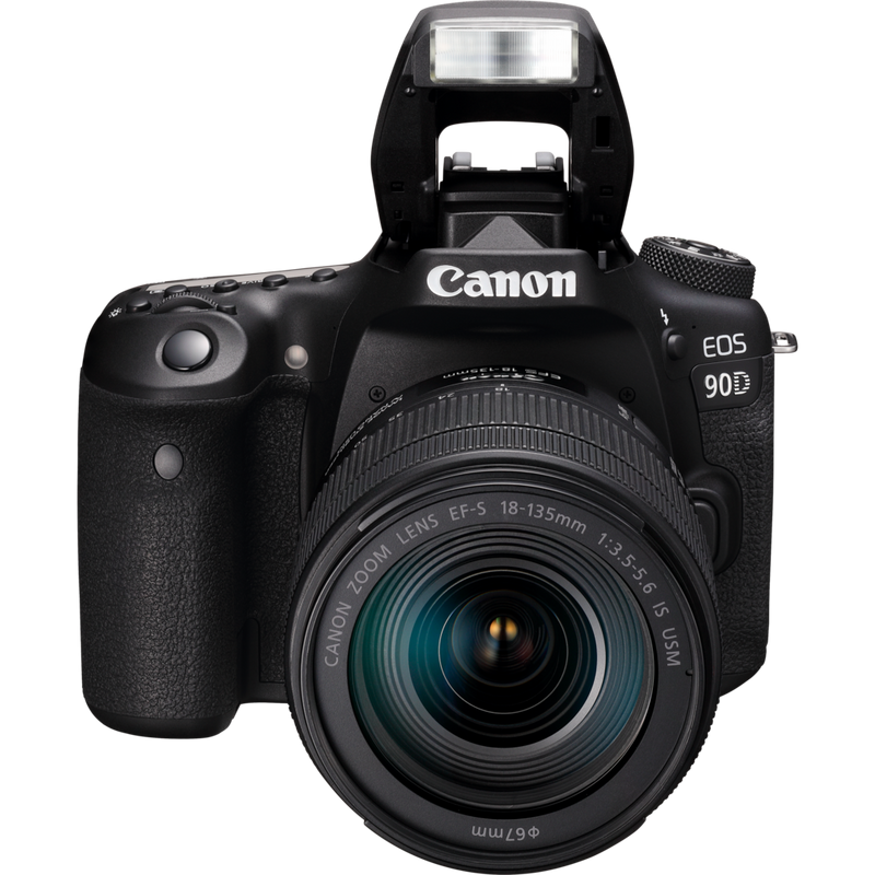 Canon EOS 90D + EF-S 18-135mm IS USM Lens Product Front View With Flash Open