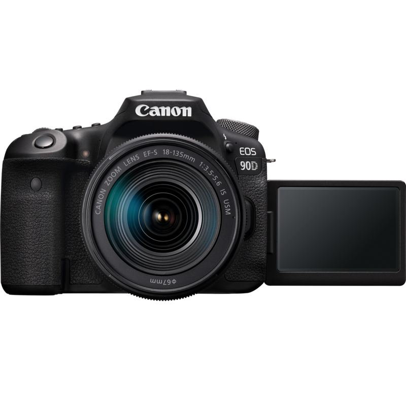 Canon EOS 90D + EF-S 18-135mm IS USM Lens Product Front View With Open Screen