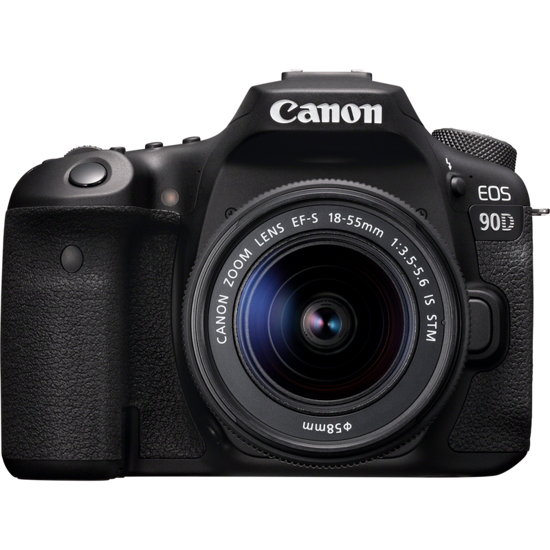 Canon EOS 90D + EF-S 18-55mm IS STM + EF 70-300mm IS II USM + Rucksack + SD-Karte Produkt Vorderansicht mit ausgeklapptem Bildschirm