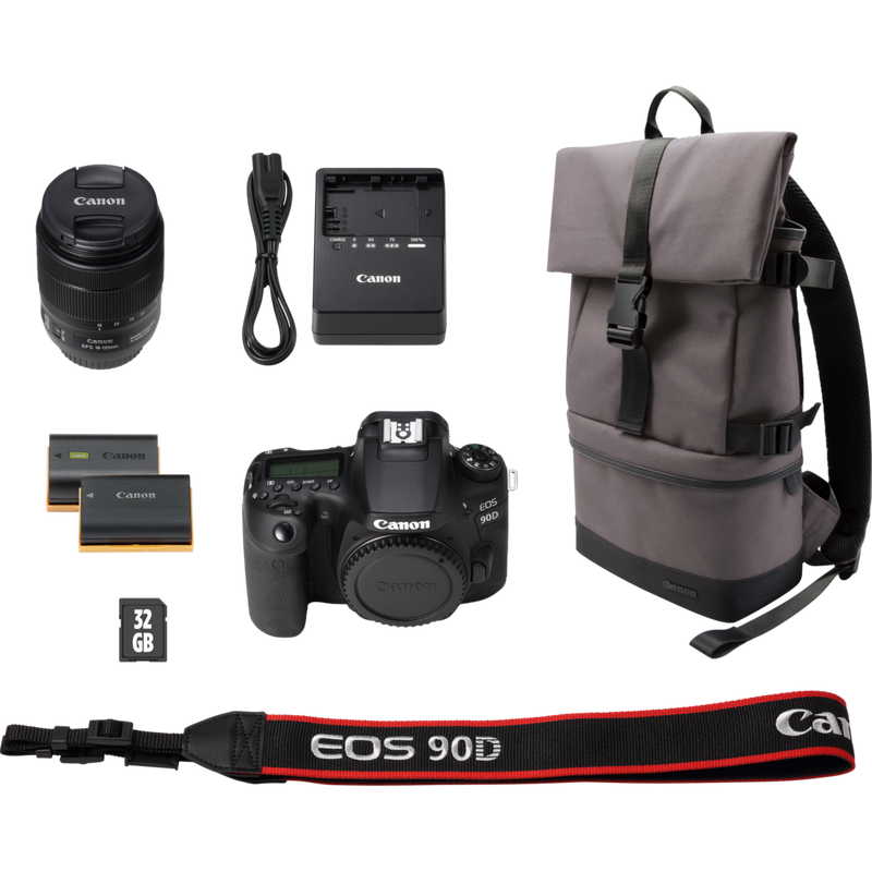 Canon EOS 90D + EF-S 18-135mm IS USM Objektiv + Rucksack + SD Karte + Ersatzakku Produkt Lieferumfang