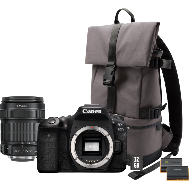 

Canon EOS 90D Camera + EF-S 18-135mm IS USM Lens + Backpack + SD card + Spare Battery