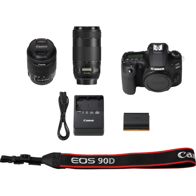 Canon EOS 90D + EF-S 18-55mm IS STM + EF 70-300mm IS II USM + Rucksack + SD-Karte Mann, der eine Kamera im Freien hält