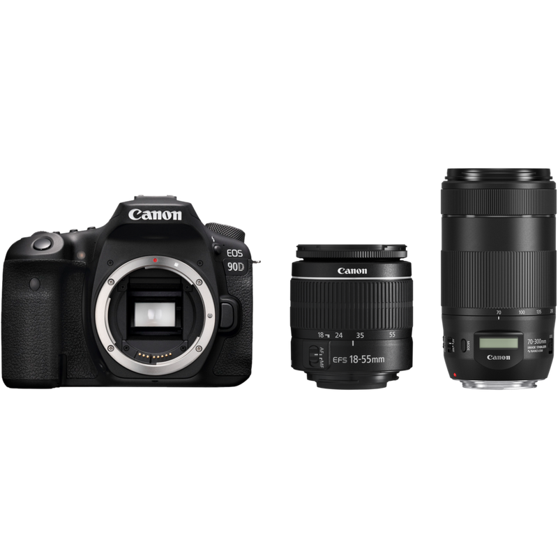 Canon EOS 90D + EF-S 18-55mm IS STM + EF 70-300mm IS II USM + Rucksack + SD-Karte Produkt Vorderansicht
