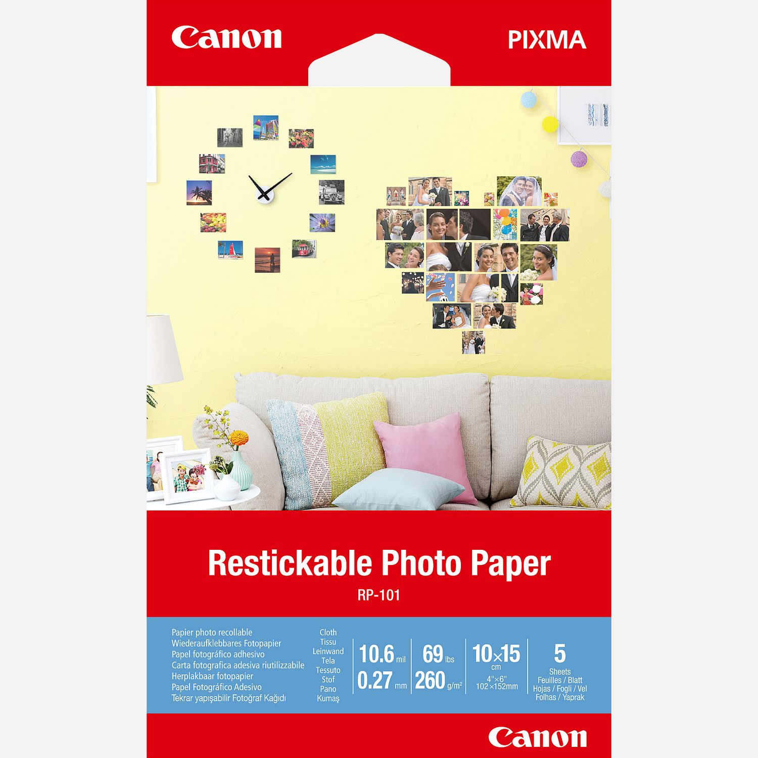 Papier photo autocollant repositionnable Canon RP-101, 10 × 15 cm, 5 feuilles