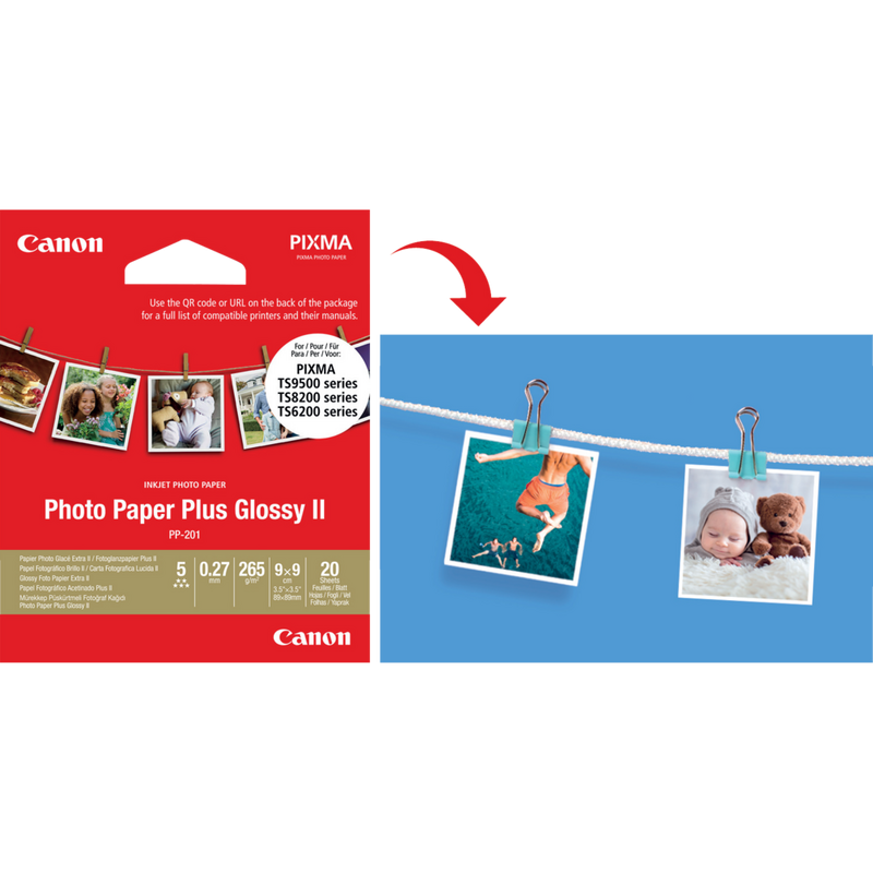 Canon Kreativ-Kit – 5 Papiersorten Produkt Vorderansicht des Glanzpapiers in Größe 9 x 9 cm