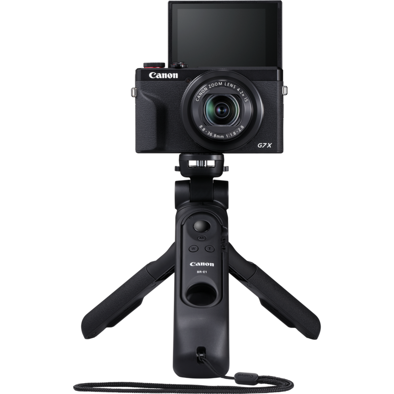 Vista frontal de producto de una cámara montada en un trípode del kit para vloggers premium de Canon PowerShot G7 X Mark III, negro