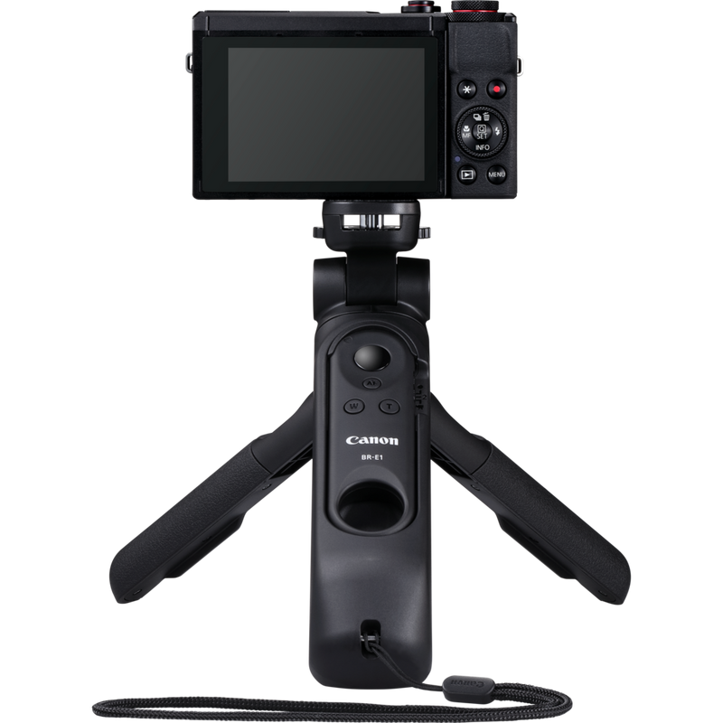 Vista posterior de producto de una cámara montada en un trípode del kit para vloggers premium de Canon PowerShot G7 X Mark III Premium, negro