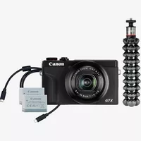 Kit compacto para videoconferencias de la PowerShot G7 X Mark III de Canon Producto Vista frontal de la cámara con trípode, cable y batería