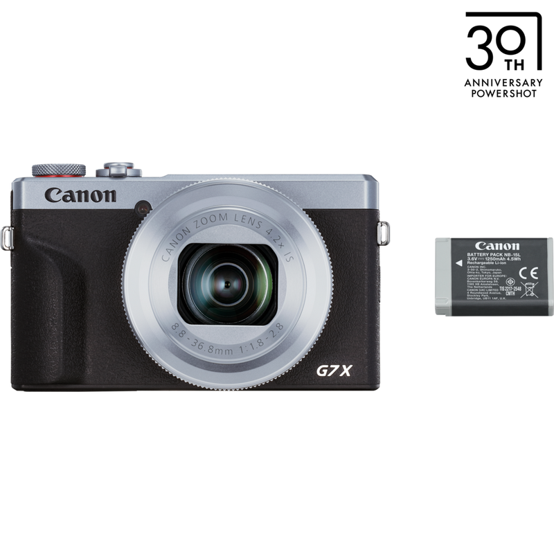 Canon PowerShot G7 X Mark III-compactcamera, zilver + extra accu, vooraanzicht van product met accu