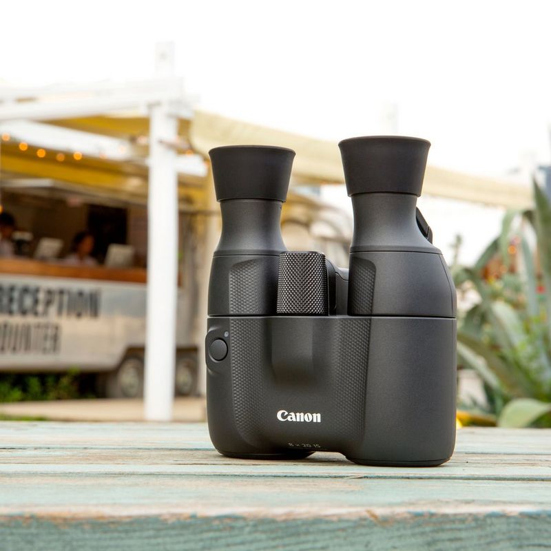 Canon 8x20 IS Binoculars Top View of Binoculars Stood on the Ground