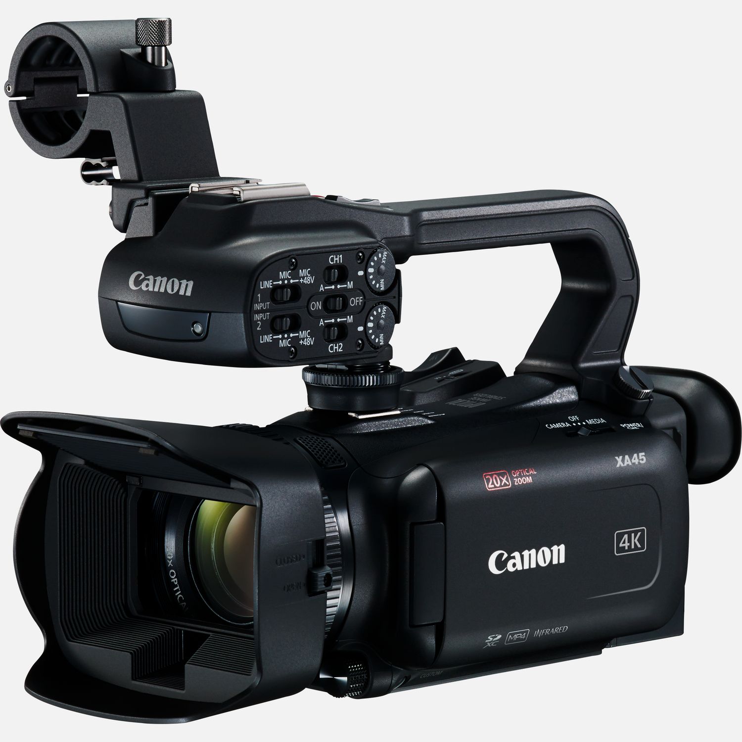 Die Canon XA45 ist eine professionelle 4K UHD-Videokamera mit einer ausgewogenen Balance aus Bildqualitt, professionellen Funktionen und kompakter Gre. Die nur 1,2 kg schwere XA45 verfgt ber ein leistungsstarkes Objektiv mit 20fach optischem Zoom, einen 1/2,3-Zoll-Typ 4K-CMOS-Sensor und einen DIGIC DV6 Bildprozessor, der fr scharfe, farbintensive und einzigartige Bilder sorgt. Dank der leistungsstarken 5-Achsen-Bildstabilisierung liefert der Camcorder ruhige Bilder und mit dem Weitwinkelbereich ab 29,3mm bekommst du mehr auf das Bild. Zu den professionellen Funktionen gehren ein Infrarot-Modus fr Aufnahmen bei sehr wenig oder gar keinem Licht, lineares PCM 4-Kanal-Audio mit integriertem Stereomikrofon, zwei XLR-Anschlsse fr externe Mikrofone, 3G-SDI und zwei SD-Speicherkartenslots fr die simultane oder fortlaufende Aufnahme.  Vorteile      Ultrakompakter professioneller 4K UHD-Camcorder fr kleine Produktionen und aktuelle Nachrichten          Halte die wichtigen Momente in 4K mit 20fach optischem Zoom und einer Weitwinkelbrennweite ab 29,3mm fest          Fr ruhige Aufnahmen sorgt der leistungsstarke 5-Achsen-Bildstabilisator, whrend eine 3D-Linsengruppe praktisch in Echtzeit die Weitwinkelzoom-Funktion untersttzt.          Zeitlupen- und Zeitraffer-Aufnahmemodi sind sowohl in UHD als auch in FullHD verfgbar, wobei die maximale Geschwindigkeit 1.200-fach betrgt          Mit nur ca. 1,2 kg ist der Camcorder leicht und kompakt, und das 3,0 Zoll Touchscreen-LCD ermglicht eine intuitive Steuerung          Der Infrarot-Modus ermglicht hochwertige Videoaufnahmen bei extrem wenig bis gar keinem Umgebungslicht          Zu den professionellen Funktionen gehren lineares PCM 4-Kanal-Audio mit integriertem Stereomikrofon, zwei XLR-Anschlsse, 3G-SDI und zwei SD-Speicherkartenslots fr die gleichzeitige oder fortlaufende Aufnahme          Lieferumfang       Canon XA45 Camcorder         Objektivabdeckung         Tragegriff HDU-1         Kompakt-Netzteil CA-570         Netzkabel         BP-820 Akku         Streulichtblende mit integriertem Objektivschutz         Mikrofonhalterung (mit Schrauben)         Ferritkern         Kurzanleitung              Technische Daten              MP4 bis zu 150 Mbps, XF-AVC bis zu 160 Mbps                4K-Weitwinkel-Zoomobjektiv                Verwendet den 4K UHD-Sensor, um erstklassige Full HD-Bilder zu generieren                Optimierter optischer Bildstabilisator mit Dynamic IS                Hochwertige Videoaufnahmen bei extrem wenig bis gar keinem Umgebungslicht                Intuitive Kamera- und Autofokussteuerung                2 XLR-Schnittstellen plus internes Stereomikrofon                Gleichzeitige oder fortlaufende Aufzeichnung auf SD-Karte          Alle technischen Daten zeigen