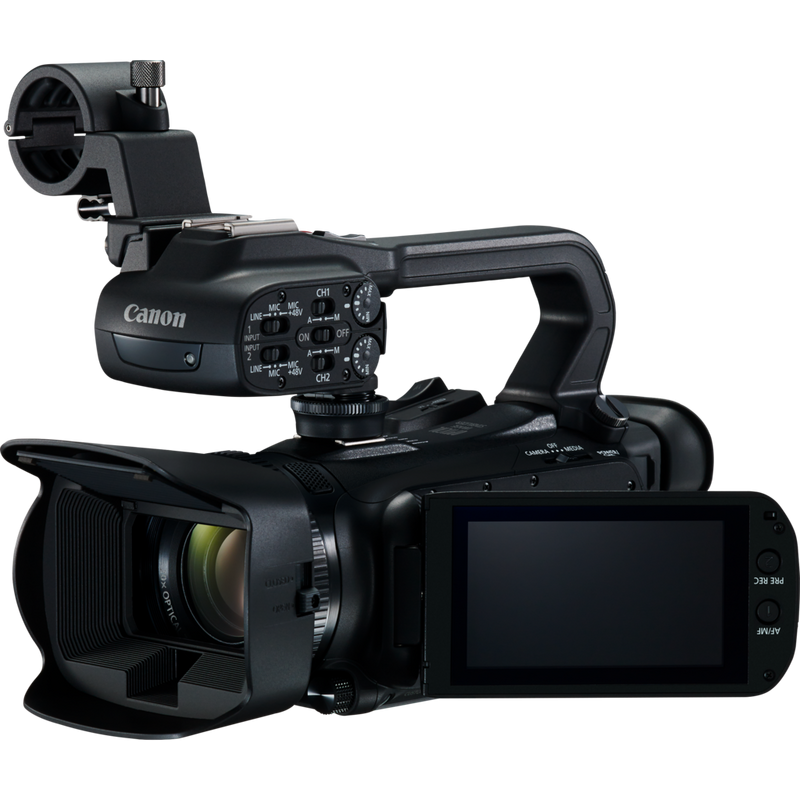 Canon XA45 Camcorder Product Front Left View with Flipped Screen Rotated 180 degrees