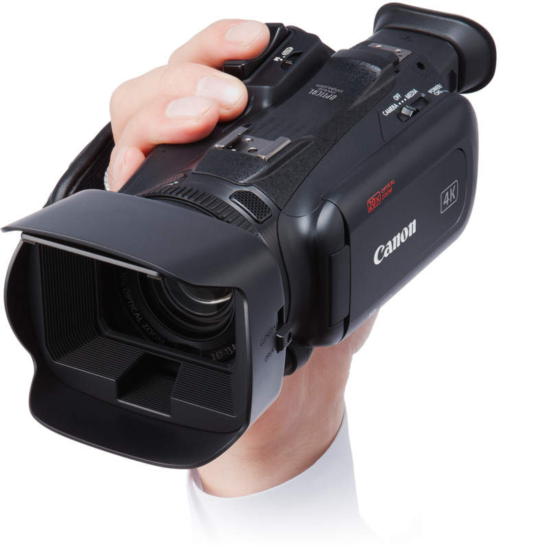 Videocámara XA40 de Canon Vista superior izquierda de una mano sujetando la videocámara