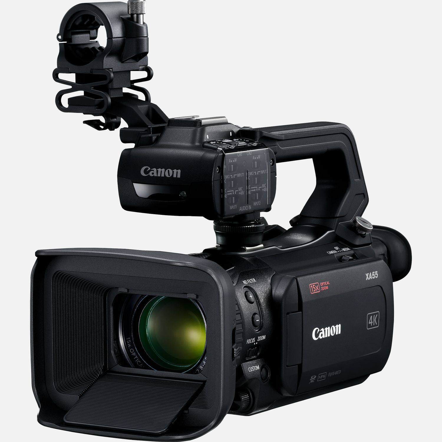 Die XA55 ist ein uerst kompakter und leichter Camcorder  ideal fr 4K-Filmaufnahmen mit vielen Funktionen. Dieser Camcorder eignet sich fr Dokumentarfilme und den Journalismus, und kann unabhngig vom Kenntnisstand von erfahrenen Filmemachern, Studenten und sogar von Anfngern verwendet werden. Mit dem beeindruckenden Dual Pixel CMOS AF, 15fach optischem Zoom, 9-Lamellen-Irisblende, 4K UHD und Full HD liefert er eine exzellente Bildqualitt voller Details. Die XA55 untersttzt die Aufzeichnung in verschiedenen Formaten wie XF-AVC und MP4. XF-AVC 4K UHD 160 Mbps wird mit 25p aufgenommen und FullHD 45 Mbps mit 50p/50i/25p. Darber hinaus sind zwei SD-Kartensteckpltze, 3G-SDI, zwei XLR-Anschlsse und ein niedriger Stromverbrauch nur einige der zustzlichen professionellen Features, die diesen Camcorder ideal fr Filmproduktionen aus der freien Hand machen.  Vorteile      Kompaktes und leichtes Design mit professioneller Funktionalitt einschlielich Infrarot-Modus, mit dem du Videos bei wenig bis gar keinem Umgebungslicht aufnehmen kannst          Das 3,0-Zoll-Display, ein intuitives Men und konfigurierbare Tasten ermglichen eine bersichtliche und einfache Bedienung          Der groe 1,0-Zoll-Typ CMOS-Sensor und der DV6Prozessor ermglichen 4K-UHD- und FullHD-Videoaufnahmen und sorgen gleichzeitig fr eine hohe Empfindlichkeit und rauscharme Bilder          Eine 9-Lamellen-Irisblende und ein ND-Filter ermglichen ein schnes Bokeh bei gleichzeitiger geforderter Schrfentiefe          Der enorme Brennweitenbereich von 25,5-382,5mm, 4K-Video, 15fach Zoom und Super-UD-Linsen tragen zur enormen Bildqualitt des Camcorders bei          Die 5-Achsen-Bildstabilisierung hilft beim Filmen unterwegs und bei Aufnahmen aus der freien Hand  ideal fr News- und Dokumentaraufnahmen unterwegs          Die XA55 untersttzt diverse Aufzeichnungsformate einschlielich XF-AVC und MP4, und ermglicht mit zwei SD-Karten-Steckpltzen die gleichzeitige Backup- und die fortlaufende Aufnahme          Dual Pixel CMOS AF und Touch & Drag-AF ermglichen eine intuitive Fokussteuerung          3G-SDI, zwei XLR-Anschlsse, 4-Kanal-Linear-PCM und geringer Stromverbrauch sind weitere professionelle Features          Dank eines 3,5-mm-Stereo-Mini-Eingangs und eines integrierten Stereomikrofons kann auch der Ton problemlos aufgenommen werden, den du ber einen Kopfhreranschluss per Kopfhrer berwachen kannst          Lieferumfang       XA55 Camcorder         HDU-3 Tragegriff         Akku BP-820         Kompakt-Netzteil CA-570         Fernbedienung WL-D89         Mikrofonhalter         Streulichtblende mit integriertem Objektivschutz         Netzkabel         Anleitungen              Technische Daten              Zur Aufnahme von 4K UHD, 25p XF-AVC mit bis zu 160 Mbps oder MP4 mit bis zu 150 Mbps                1,0-Zoll-Typ CMOS-Sensor                25,5-382,5mm 4K-Ultraweitwinkel-Zoomobjektiv                Optimierter optischer 5-Achsen-Bildstabilisator mit Dynamic IS                Przise und zuverlssig mit Gesichtserkennung                Verwendet den 4K UHD-Sensor, um erstklassige Full HD-Bilder zu generieren                Professionelle Codecs zur effizienten Aufzeichnung von hochwertigen 4K- und FullHD-Videos                Der Infrarot-Modus ermglicht hochwertige Videoaufnahmen bei extrem wenig bis gar keinem Umgebungslicht          Alle technischen Daten zeigen