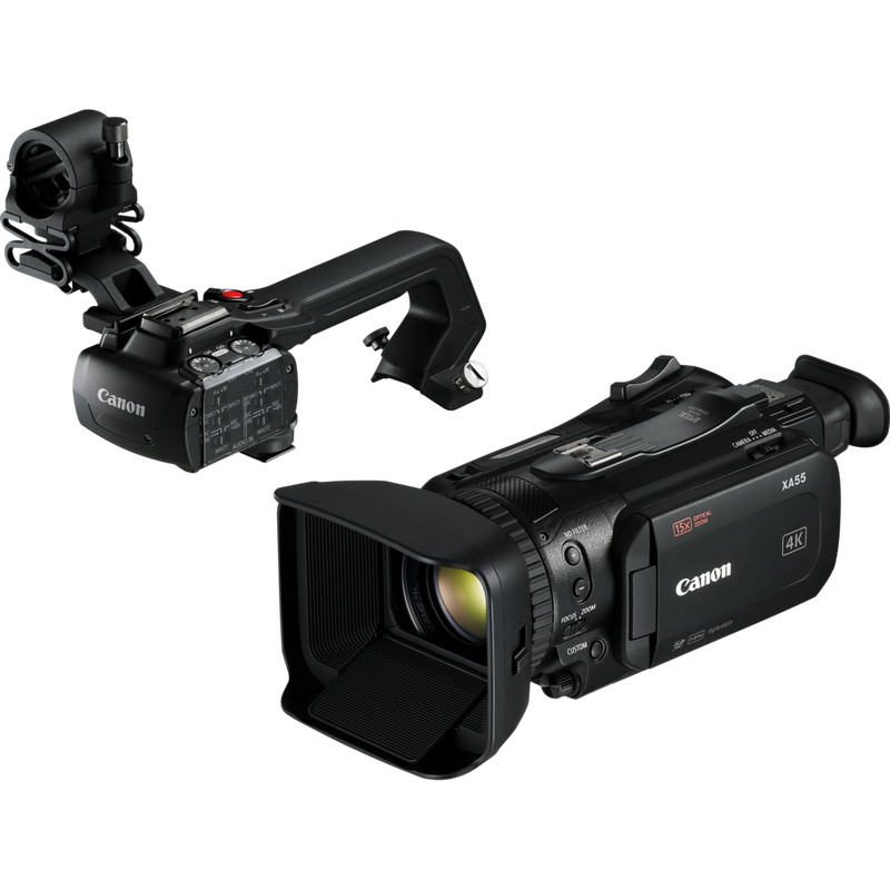 Canon XA55 Camcorder Product Top Right View and Handle Unit on the Side