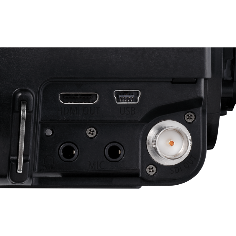 Canon XA55 Camcorder Product Close Up of HDMI and USB and Headphones and MIC outputs