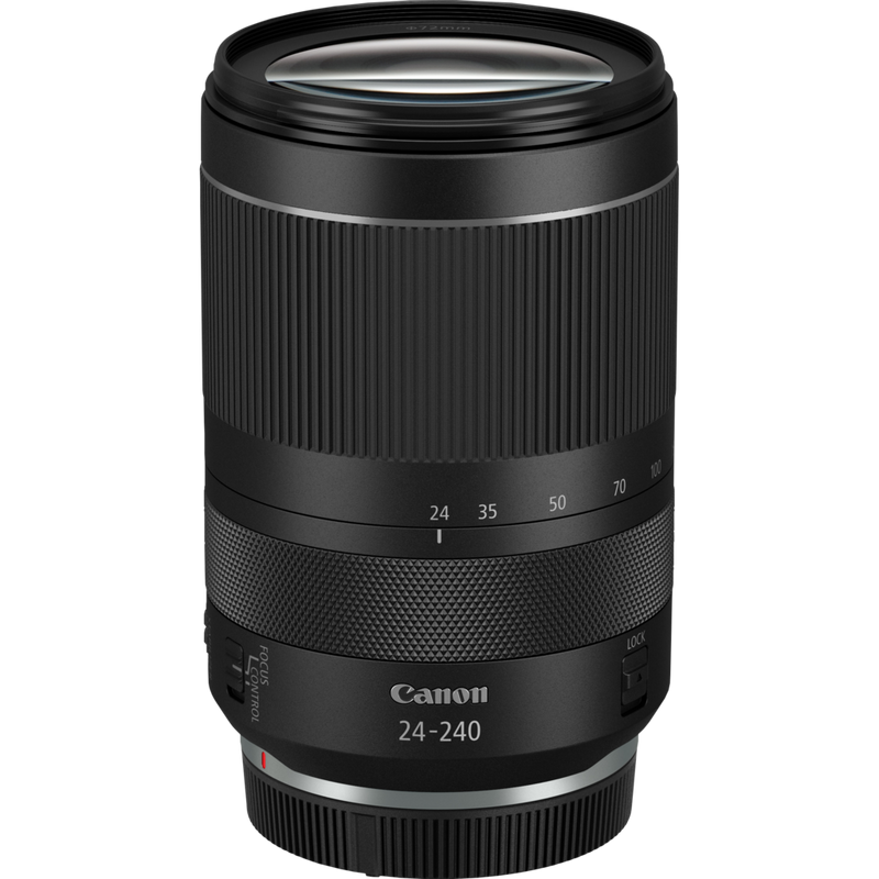 Canon RF 24-240mm F4-6.3 IS USM Lens Product Diagonal Top-Down View with the Dust Cap