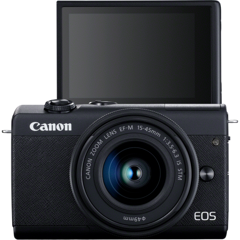 Canon EOS M200 + EF-M 15-45mm Lens + Backpack + SD card Product Front View with Tilted Screen