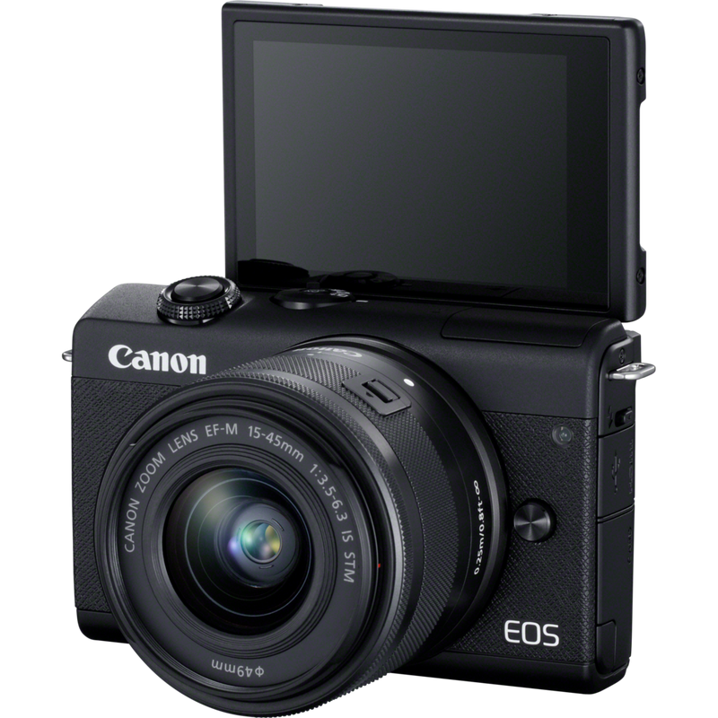 Canon EOS M200 Interchangeable Lens Live Streaming Kit Product Diagonal Front View with Tilted Screen