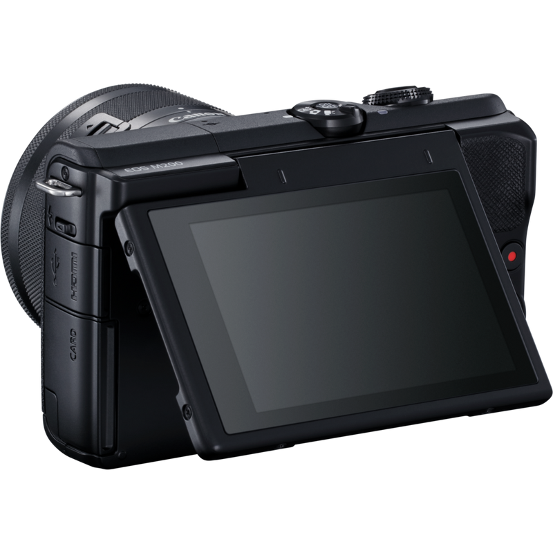 Canon EOS M200 Interchangeable Lens Live Streaming Kit Product Diagonal Back View with Tilted Screen