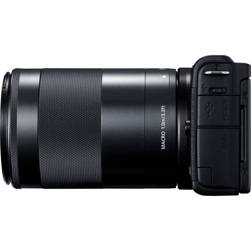 Corpo Canon EOS M200 Nero + Obiettivi EF-M 15-45mm + EF-M 55-200mm Prodotto Vista sinistra con l'obiettivo