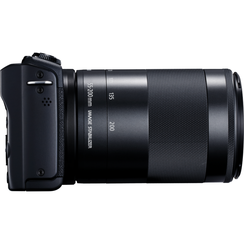 Corpo Canon EOS M200 Nero + Obiettivi EF-M 15-45mm + EF-M 55-200mm Prodotto Vista destra con l'obiettivo