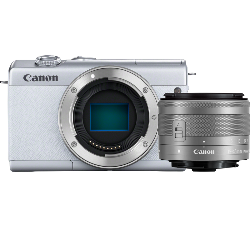 Canon EOS M200 Body - White + EF-M 15-45mm Silver Product Front View of the Camera Body and Lens