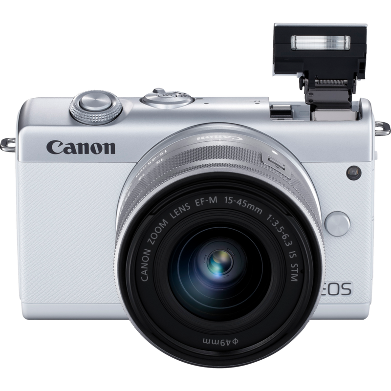 Canon EOS M200 Body - White + EF-M 15-45mm Silver Product Diagonal Top View with Built-in Flash