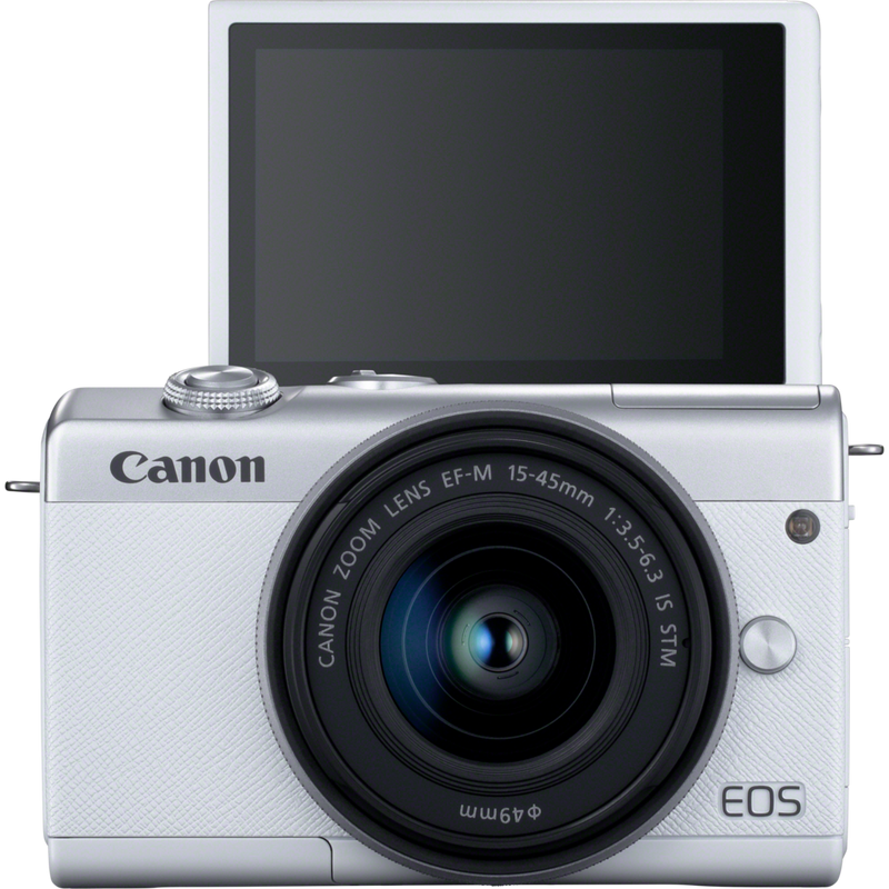 Canon EOS M200 Body - White + EF-M 15-45mm Silver Product Front View with Tilted Screen