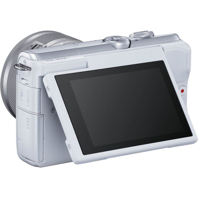 Canon EOS M200 Body - White + EF-M 15-45mm Silver Product Diagonal Back View with Tilted Screen