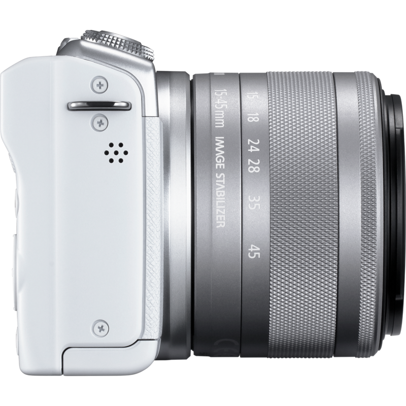 Canon EOS M200 Body - White + EF-M 15-45mm Silver Product Right View with the Lens