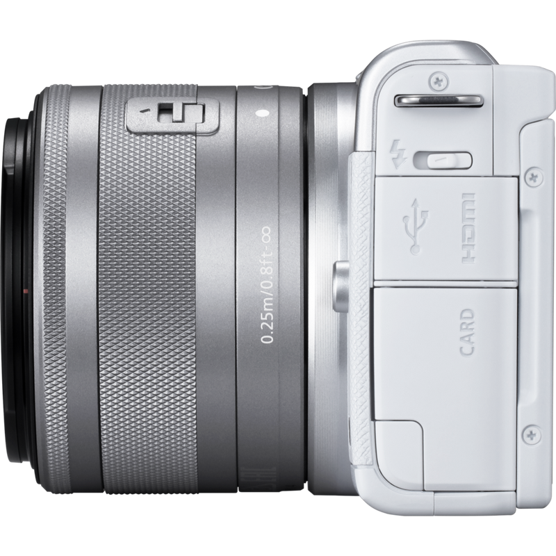 Canon EOS M200 Body - White + EF-M 15-45mm Silver Product Left View with the Lens