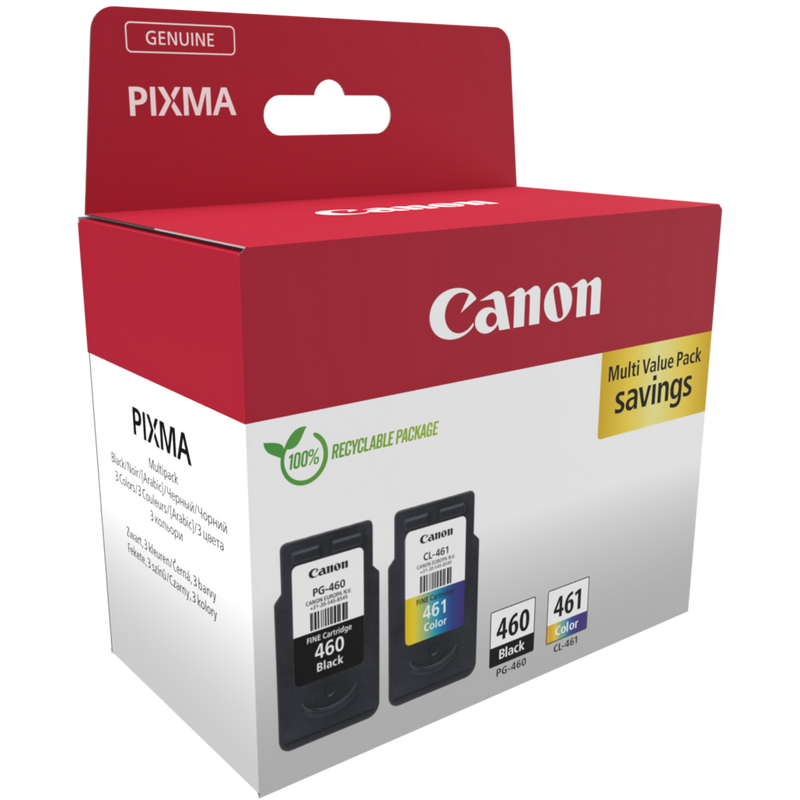 Canon PG-460 Black and CL-461 Colour Ink Cartridge Multipack Product Angled View