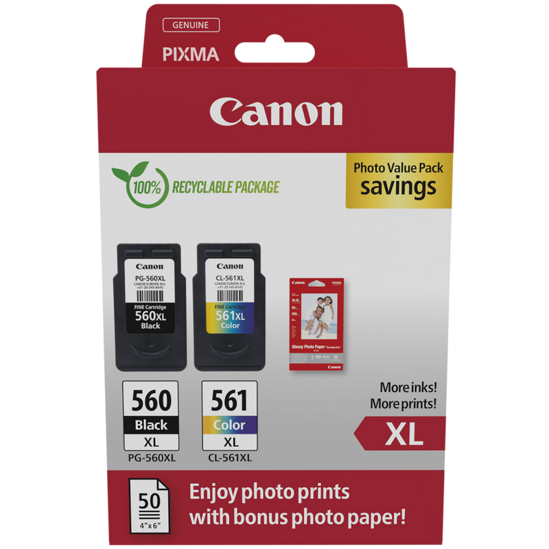 Canon PG-560XL Black and CL-561XL Colour Ink Cartridge + Photo Paper Value Pack