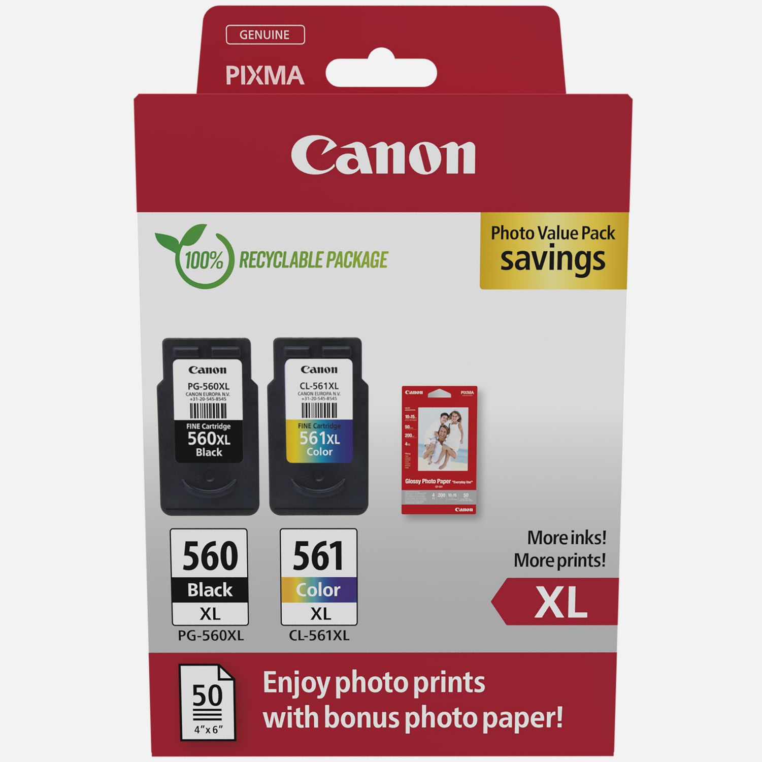 Pack à prix réduit Canon de cartouches d'encre noire PG-560XL et couleur CL-561XL + Papier Photo