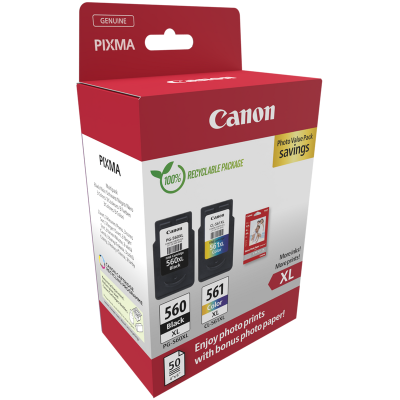 Canon PG-560XL Black and CL-561XL Colour Ink Cartridge + Photo Paper Value Pack Product Package front angled view