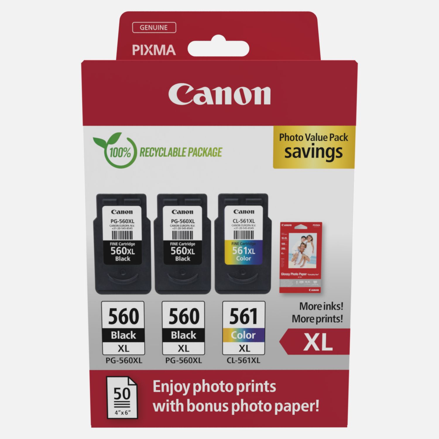 Image of Confezione multipla con cartucce Inkjet Canon PG-560XL x2/CL-561XL + carta fotografica