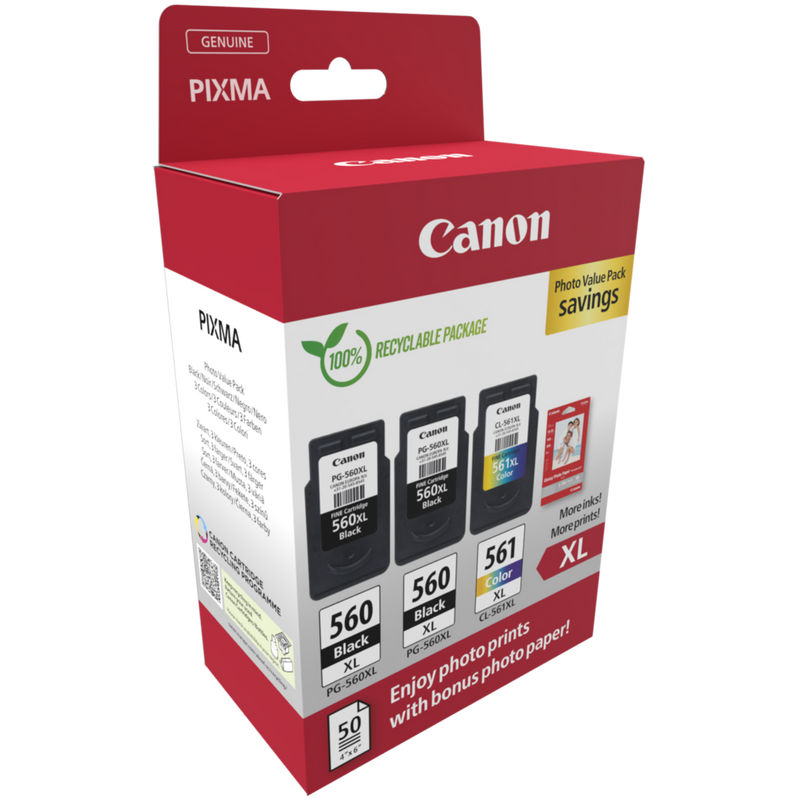 Canon PG-560XL x2/CL-561XL Ink Cartridge + Photo Paper Value Pack Product Package front angled view