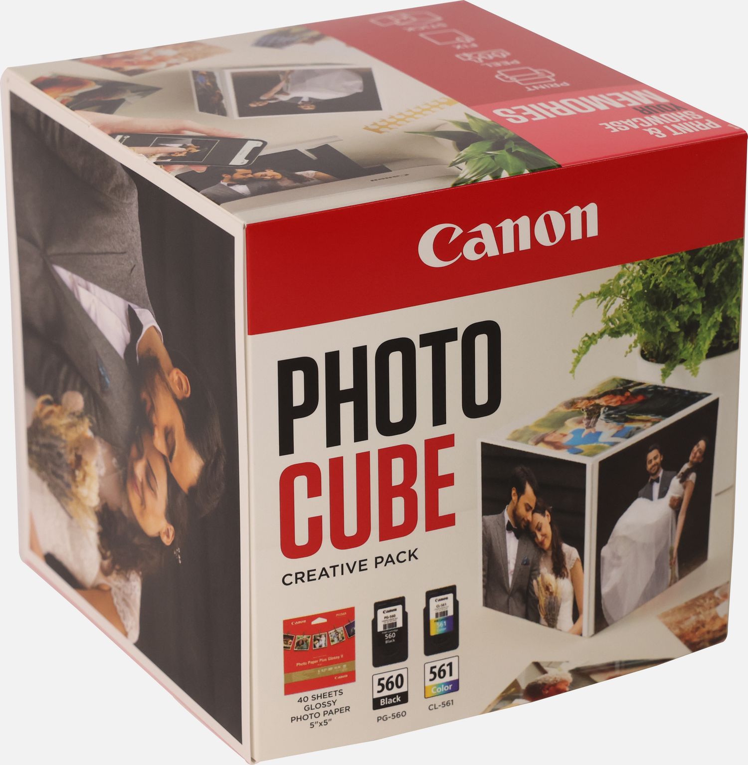 Coffret Canon Photo Cube, avec cartouches d'encre PG-560 et CL-561 et papier photo glacé Extra II PP-201 13 × 13 cm (40 feuilles) - Pack créatif, rose