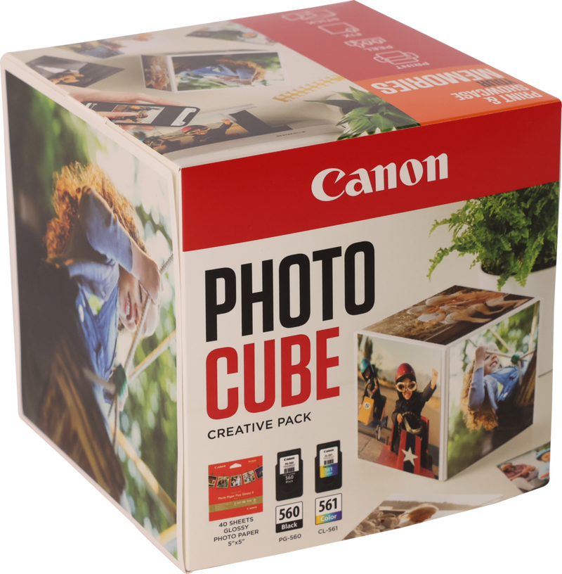 Canon Photo Cube with PG-560 + CL-561 Ink Cartridges + PP-201 5 x 5" Photo Paper Plus Glossy II (40 sheets) - Creative Pack, Orange