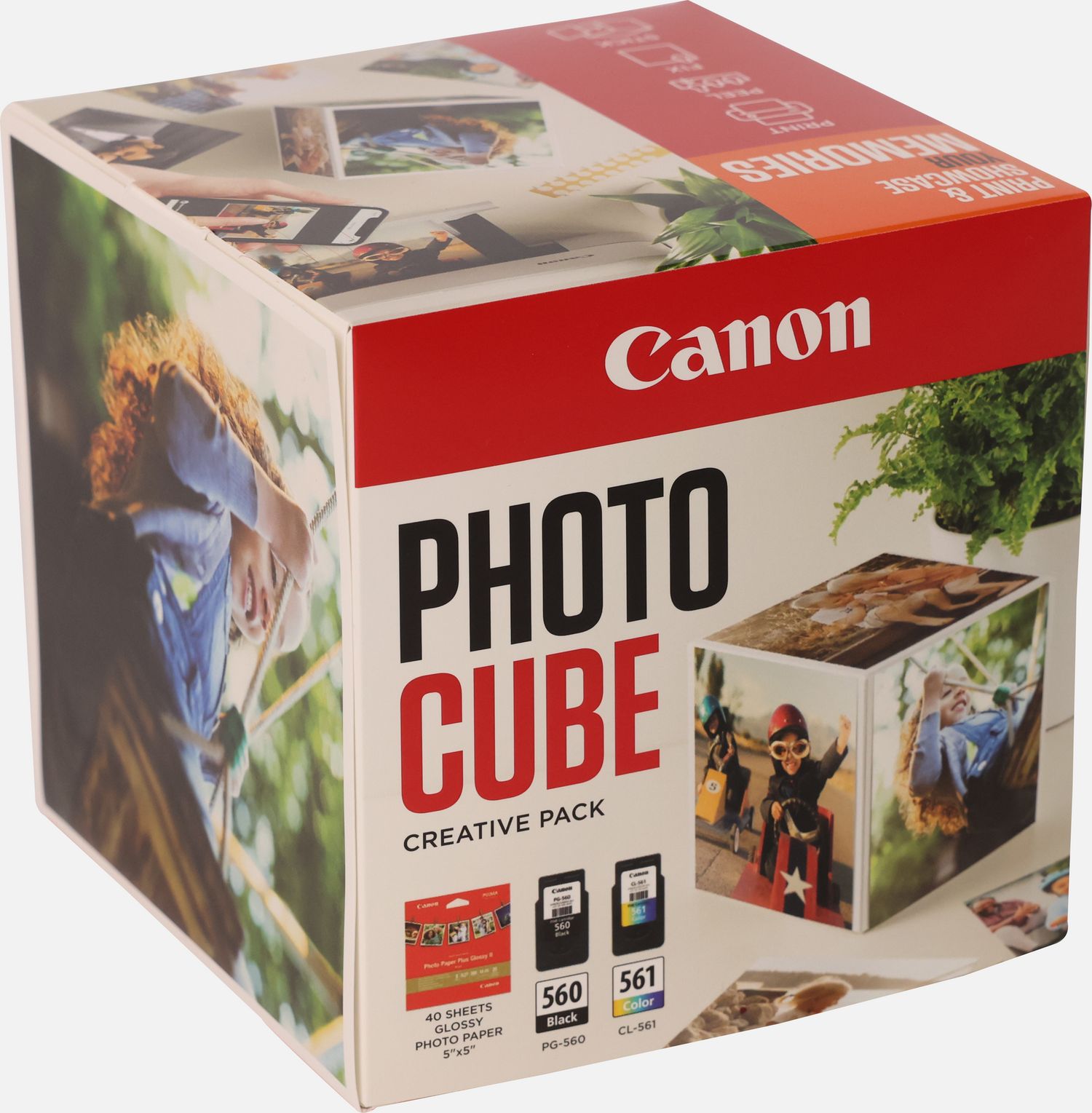 Coffret Canon Photo Cube, avec cartouches d'encre PG-560 et CL-561 et papier photo glacé Extra II PP-201 13 × 13 cm (40 feuilles) - Pack créatif, orange