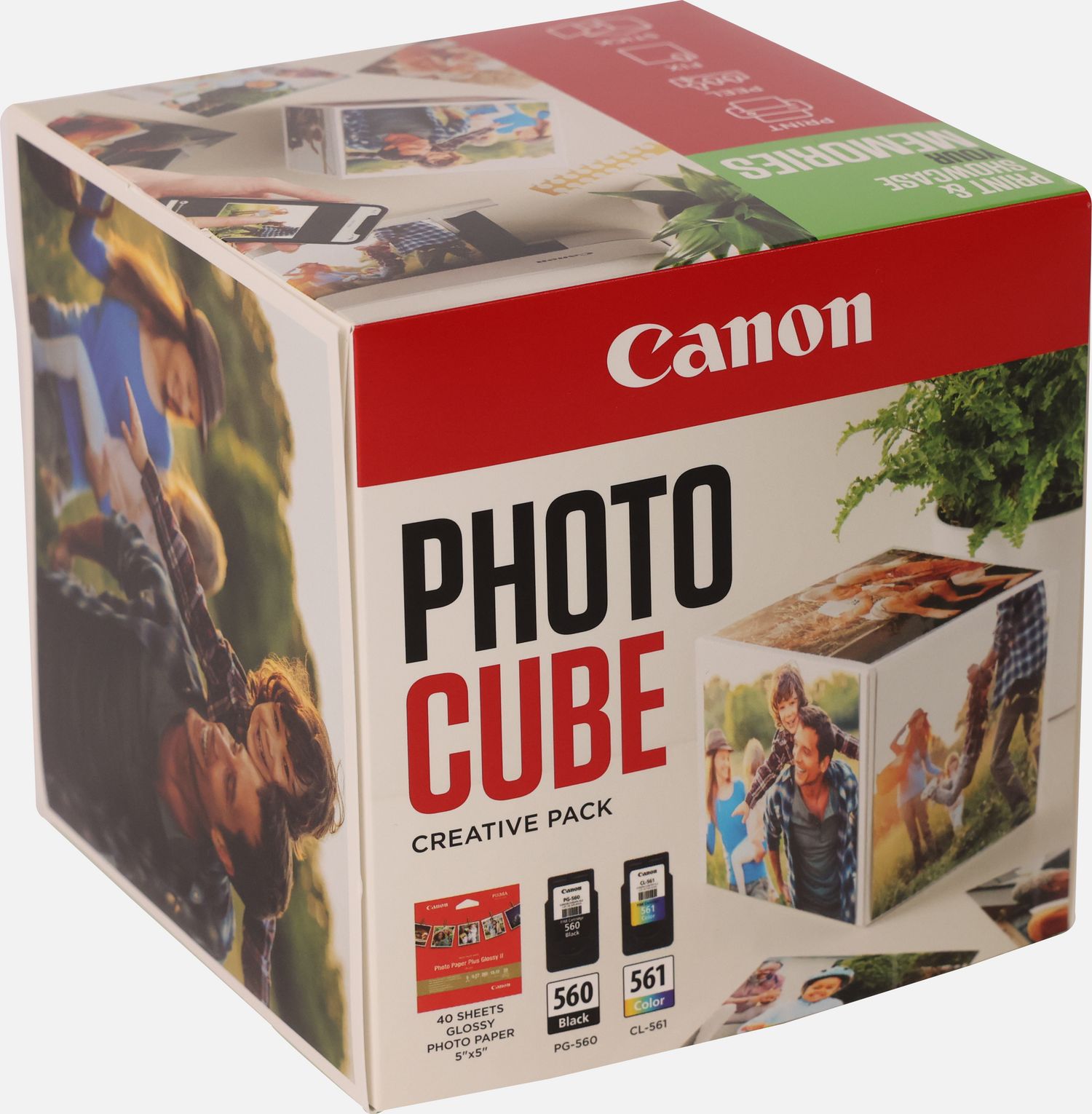 Coffret Canon Photo Cube, avec cartouches d'encre PG-560 et CL-561 et papier photo glacé Extra II PP-201 13 × 13 cm (40 feuilles) - Pack créatif, vert