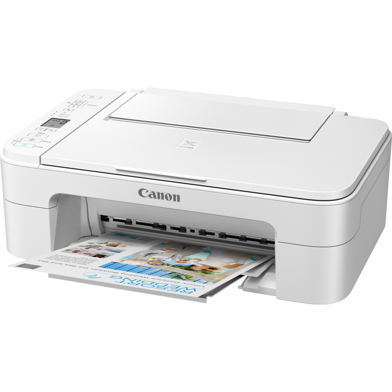 Canon PIXMA TS3351 Tintenstrahl-Multifunktionssystem, Weiß Produkt Schrägansicht von vorne mit ausgeklapptem Papierfach