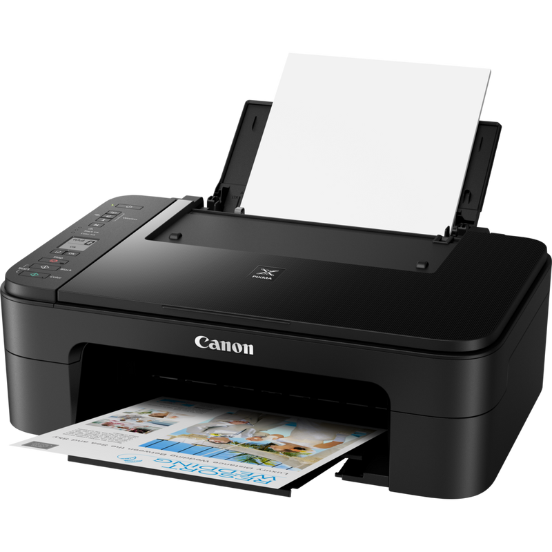 Canon PIXMA TS3340 MkII Inkjet Printer, Black Product Front Slant View With Paper Tray Out And Paper Support