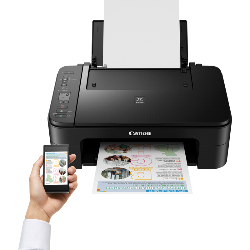 Canon PIXMA TS3340 MkII Inkjet Printer, Black Product Front View With A Person Printing From a Smartphone