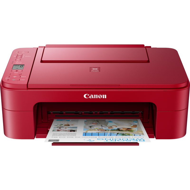 Canon PIXMA TS3352 Wireless Colour All in One Inkjet Photo Printer, Red Product Front View With Paper Tray Out