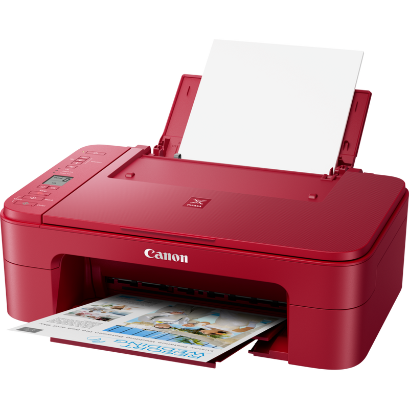 Canon PIXMA TS3352 Wireless Colour All in One Inkjet Photo Printer, Red Product Front Slant View With Paper Tray Out And Paper Support