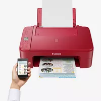Canon PIXMA TS3352 Wireless Colour All in One Inkjet Photo Printer, Red Product Front View With A Person Printing From a Smartphone
