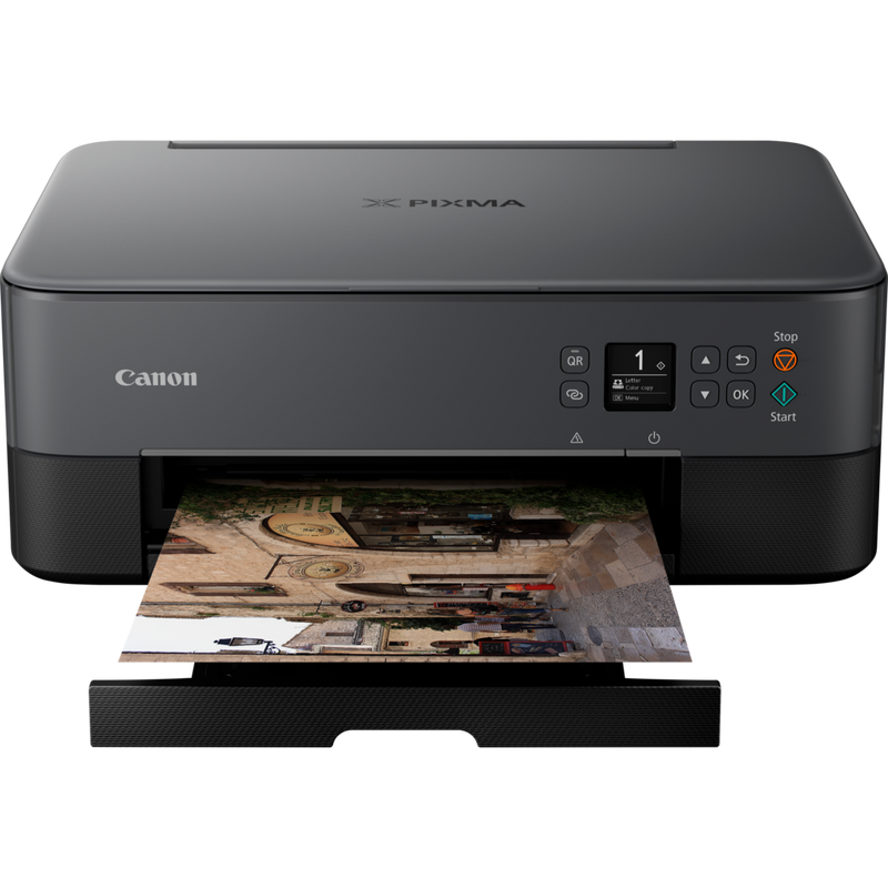 Canon PIXMA TS5350 Wireless Colour All in One Inkjet Photo Printer, Black Product Front View With Paper Tray Out