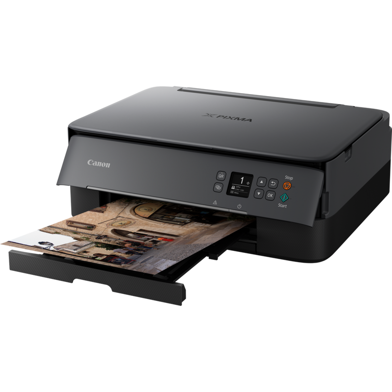 Canon PIXMA TS5350 Wireless Colour All in One Inkjet Photo Printer, Black Product Front Slant View With Paper Tray Out